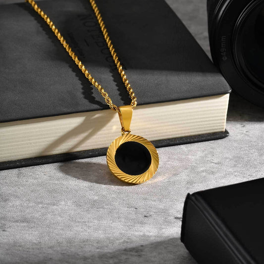 Kemstone Stainless Steel Sunburst Black Acrylic Pendant Necklace for Men PN-2243