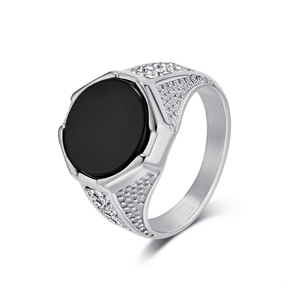 Kemstone Black Stone Ring for Men Stainless Steel Side Accents K-R986