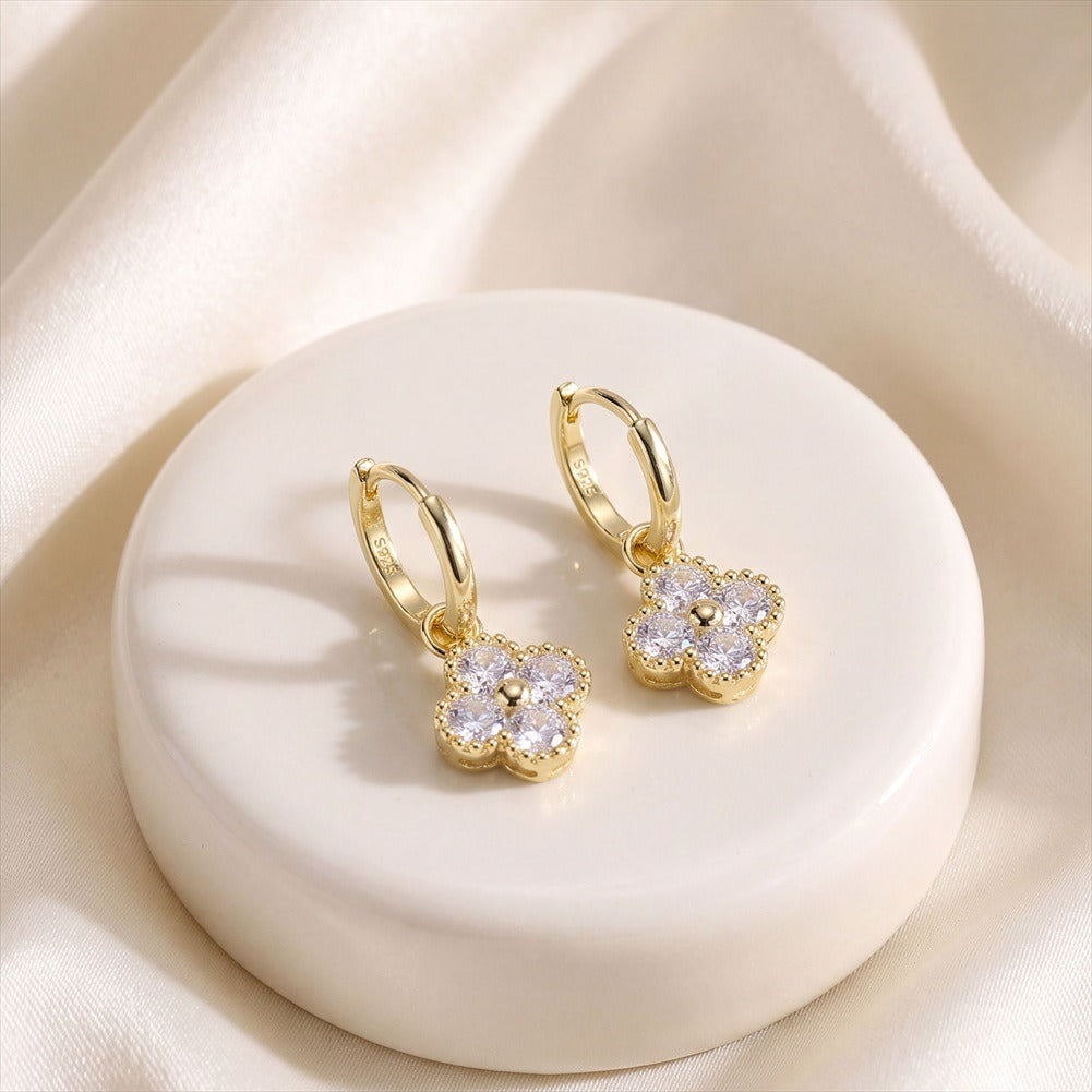 Kemstone Four Petal Cubic Zirconia Flower Stud Earrings for Women 925 Sterling Silver LZE65