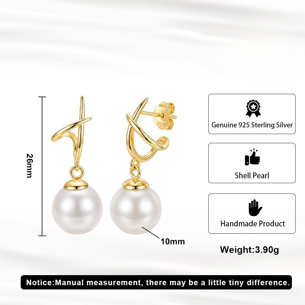 Kemstone Pearl Drop Earrings for Women 925 Sterling Silver Curved Line Design PSE14