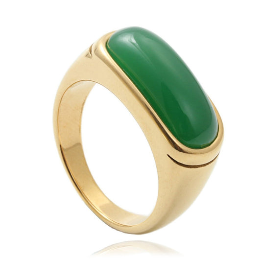 Kemstone Green Stone Ring for Men Stainless Steel Elongated Signet Rings MJ0167