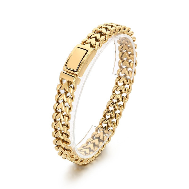 Kemstone Men’s Gold Heart-Link Chain Bracelet – Polished Stainless Steel Gothic Street Jewelry KB182583-KJX