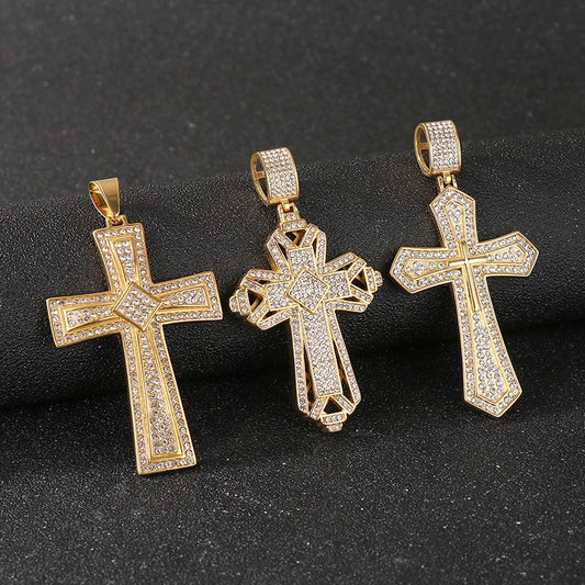 Kemstone Titanium Steel Gold Dual Cross Pendant Necklace – Hip Hop Cubic Zirconia Hollow Design KP130467