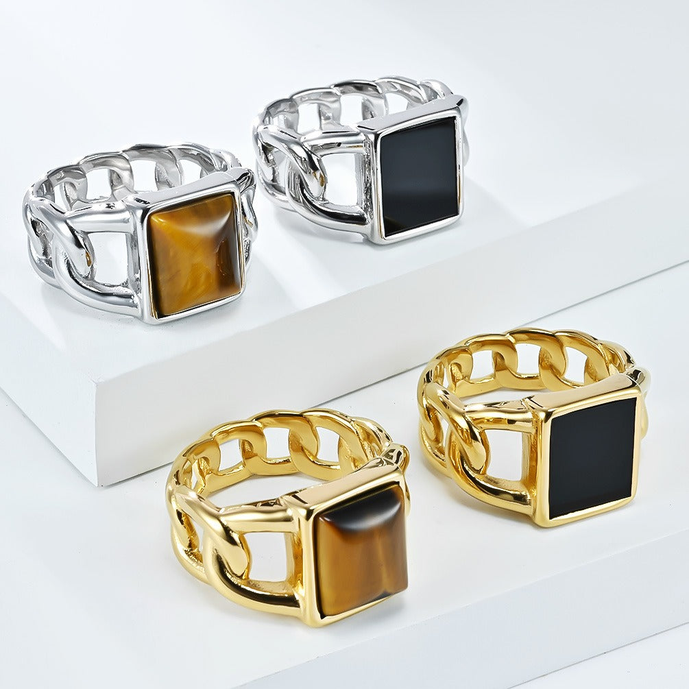 Kemstone Men’s Titanium Steel Cuban Chain Ring – Tiger Eye & Black Stone Jewelry K-R998