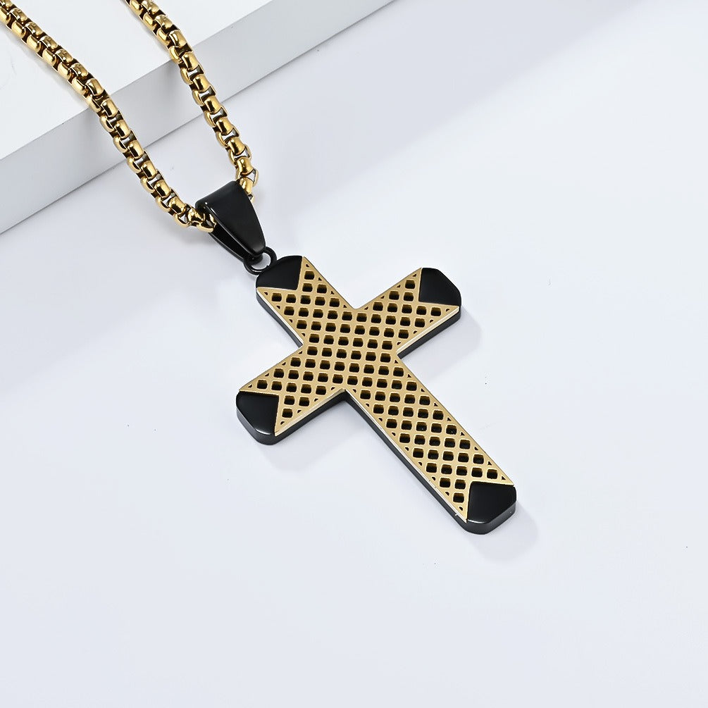 Kemstone Stainless Steel Two-Tone Lattice Cross Necklace for Men K-PT558