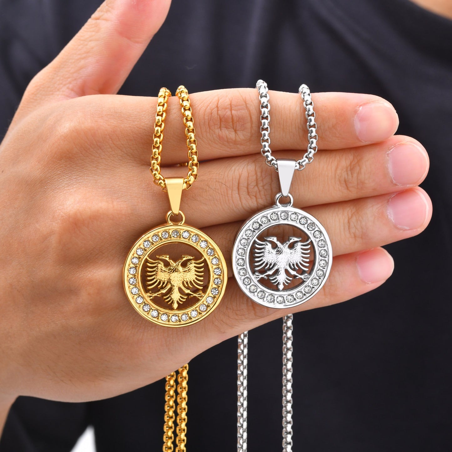 Kemstone Double Headed Eagle Pendant Necklace for Men Stainless Steel Round Medallion PN-2427