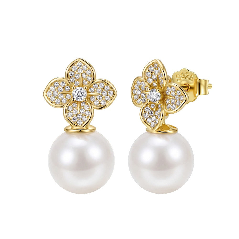 Kemston 925 Sterling Silver Four Petal Pearl Drop Earrings for Women PSE21