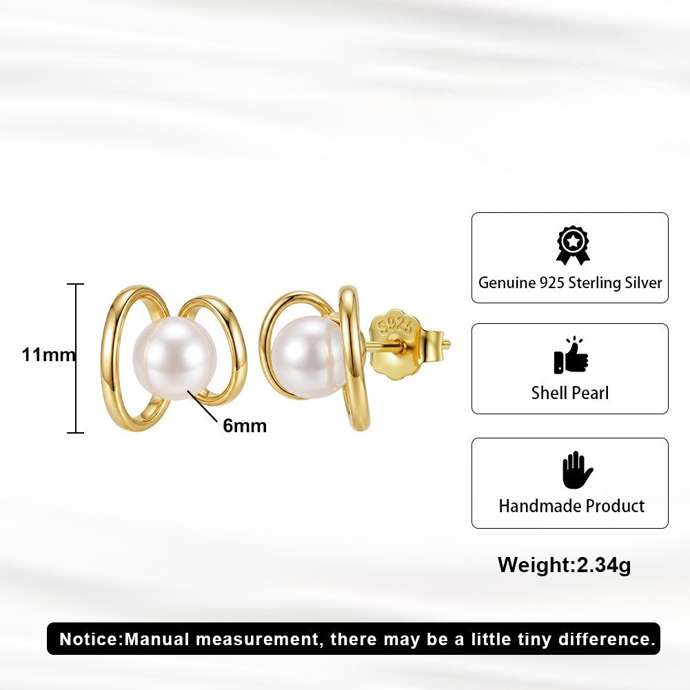 Kemstone Double Loop Shell Pearl Stud Earrings for Women 925 Sterling Silver PSE16