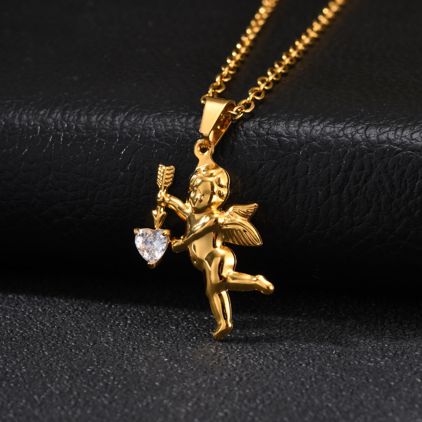 Kemstone Cupid Pendant Necklace for Men & Women Gold Plated Stainless Steel Heart Accent PN-2279