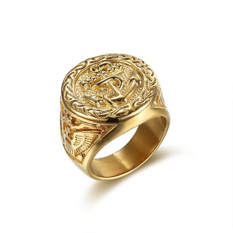 Kemstone Anchor Signet Ring for Men Stainless Steel Gold Plated Vintage Nautical TR0469