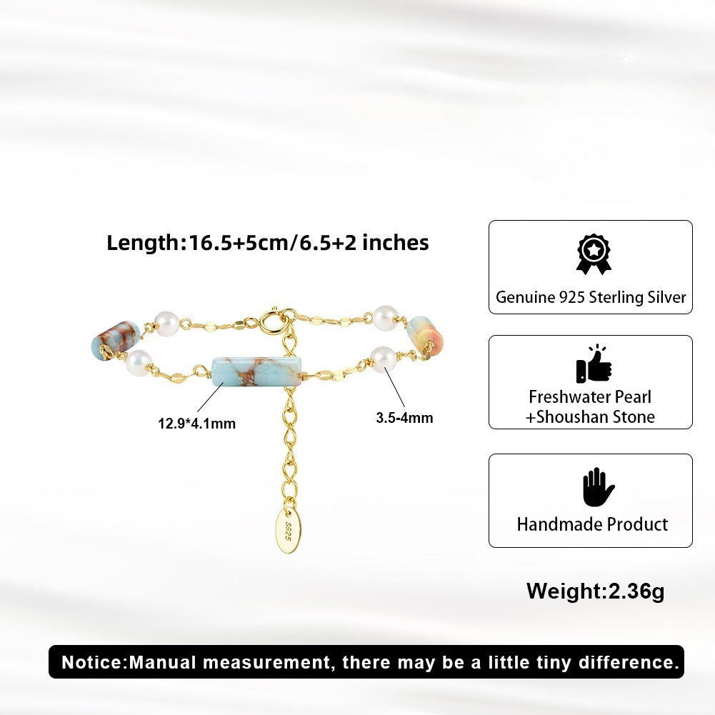 Kemston Shoushan Stone Freshwater Pearl Bracelet for Women 925 Sterling Silver MPB11