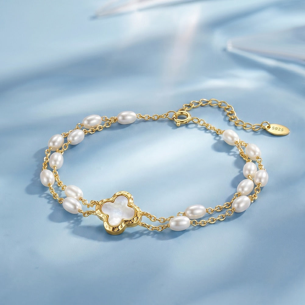 Kemston Double Layer Freshwater Pearl Bracelet for Women 925 Sterling Silver Gold Plated GPB54