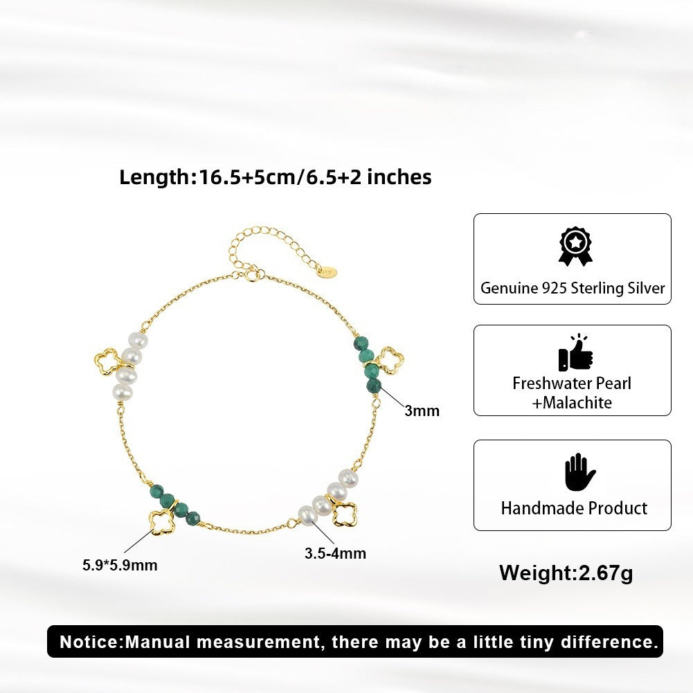 Kemston Freshwater Pearl Malachite Bracelet for Women 925 Sterling Silver Gold Plated MPB24