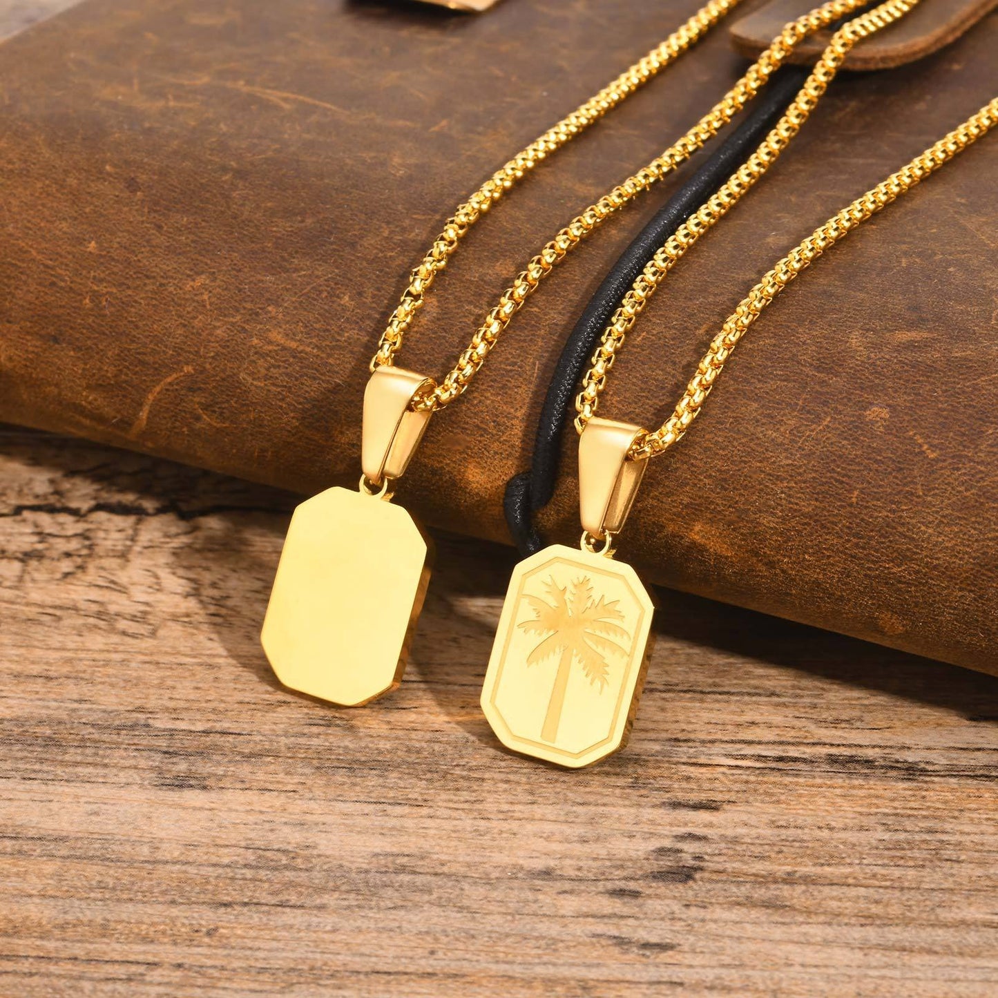 Kemstone Stainless Steel Palm Tree Pendant Necklace – Etched Rectangle Tag, Gold Silver PN-1990