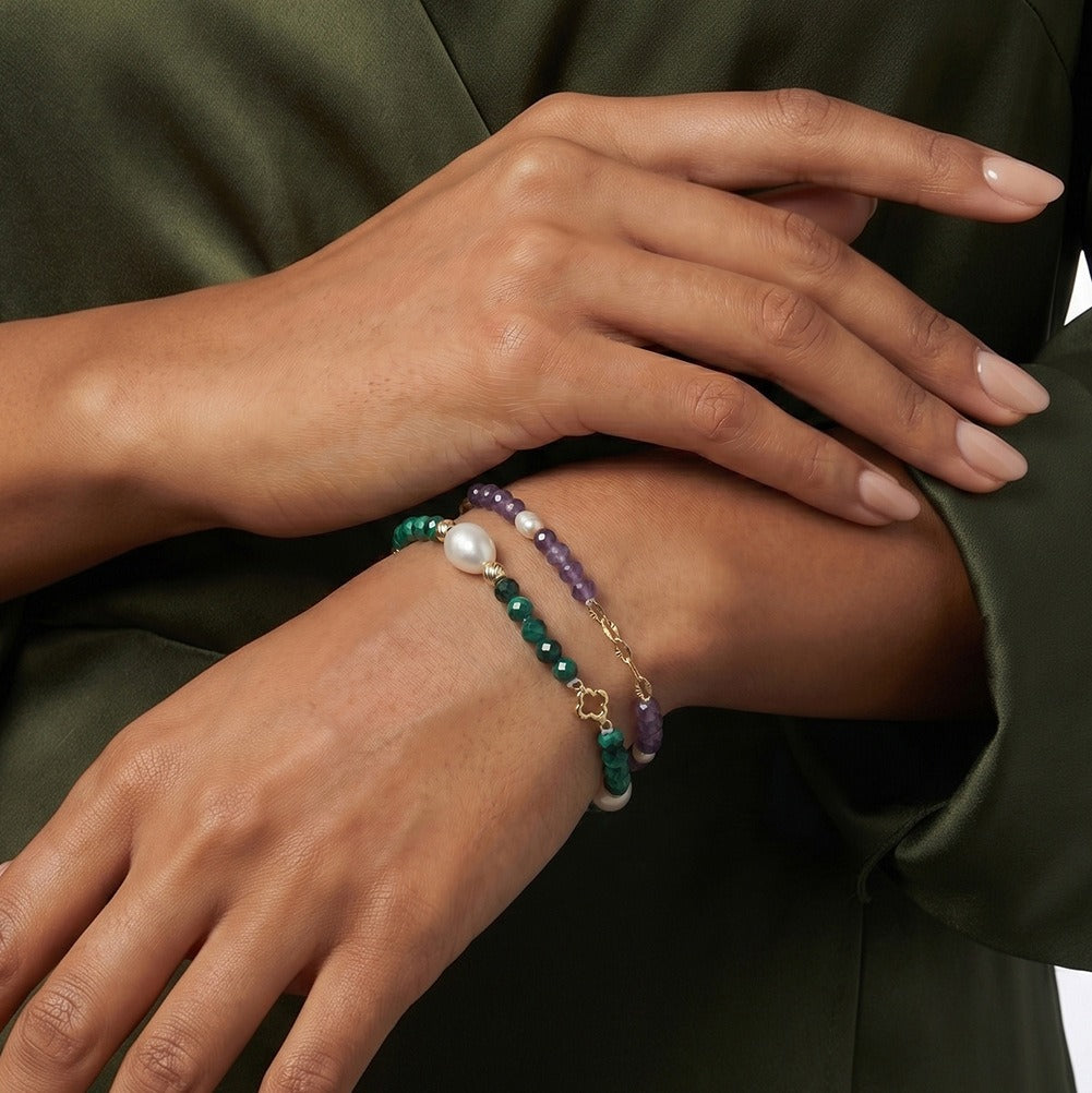 Kemston Malachite Freshwater Pearl Bracelet for Women 925 Sterling Silver Gold Plated MPB18