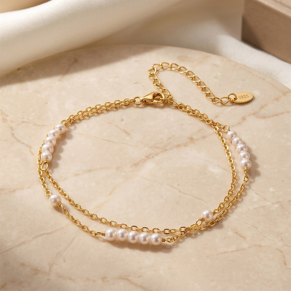 Kemstone Double Chain Shell Pearl Bracelet for Women 925 Sterling Silver PSB16