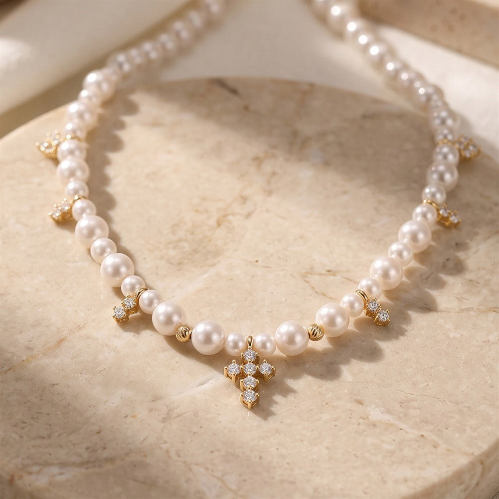 Kemstone Shell Pearl Cross Charm Necklace for Women 925 Sterling Silver PSN16