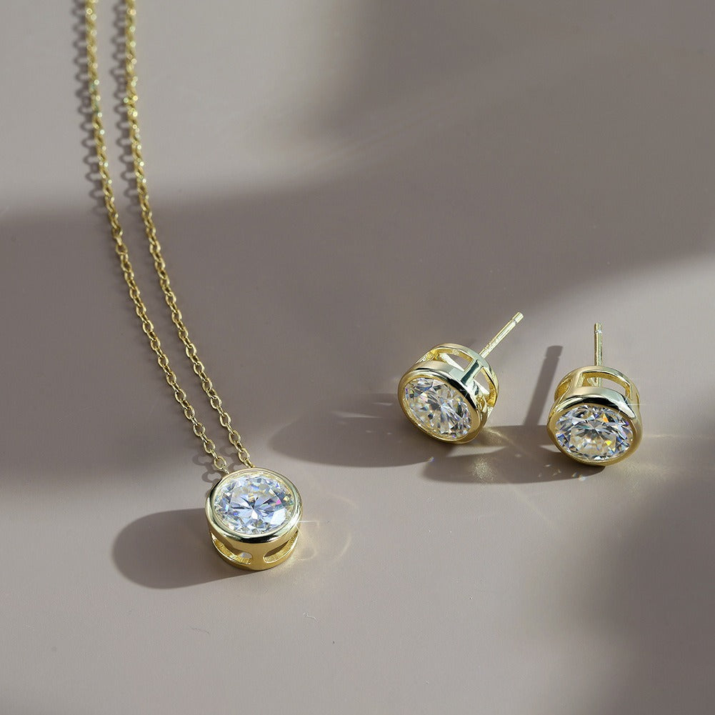 Kemstone Prong Set Round Moissanite Stud Earrings for Women – 925 Sterling Silver, 14K Gold/ Silver MOE16