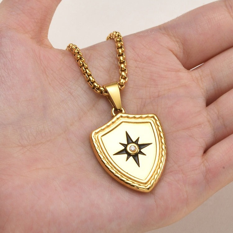 Kemston Eight Point Star Shield Pendant Necklace for Men Stainless Steel PN-2443