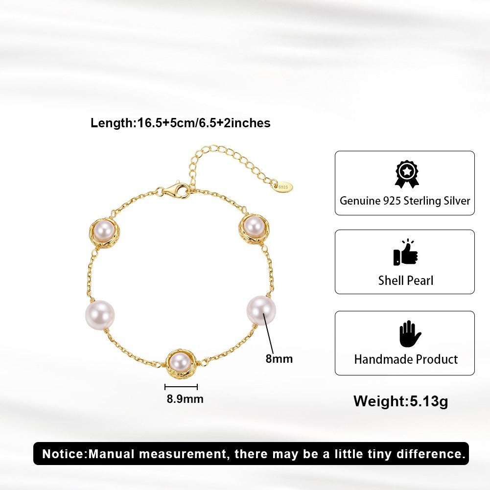 Kemston Spaced Shell Pearl Bracelet for Women 925 Sterling Silver PSB14
