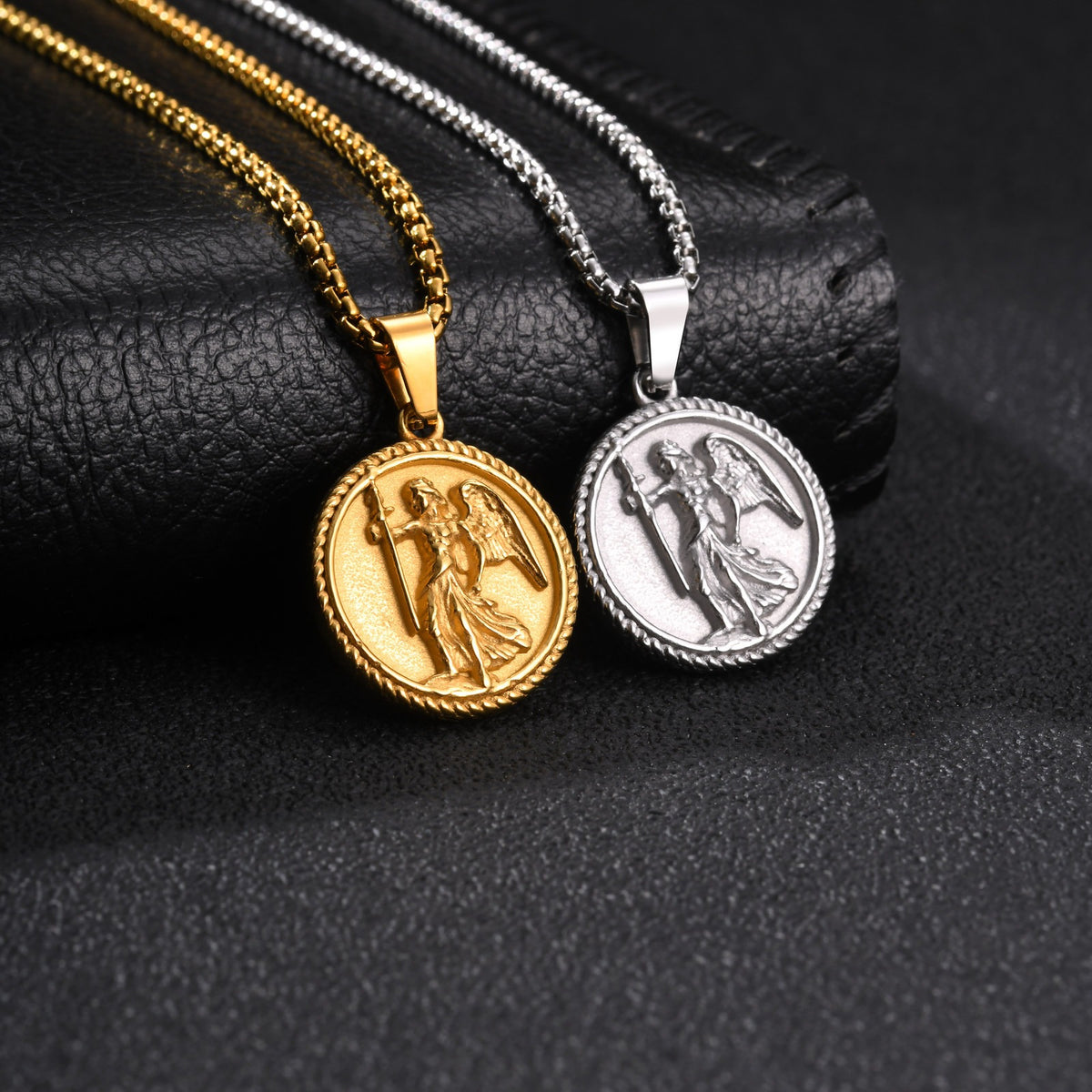 Kemston Winged Figure Medallion Necklace for Men Stainless Steel Gold Silver PN-2424