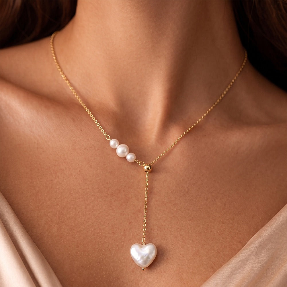 Kemston Baroque Heart Freshwater Pearl Y Necklace for Women 925 Sterling Silver Gold Tone GPN116
