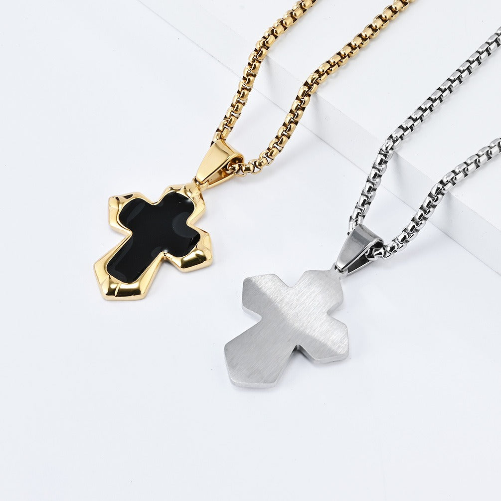 Kemstone Black Enamel Cross Necklace for Men Stainless Steel Faceted Edge K-PT560