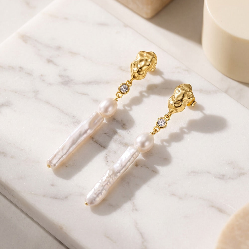 Kemstone Long Freshwater Pearl Drop Earrings for Women 925 Sterling Silver Textured Stud GPE153