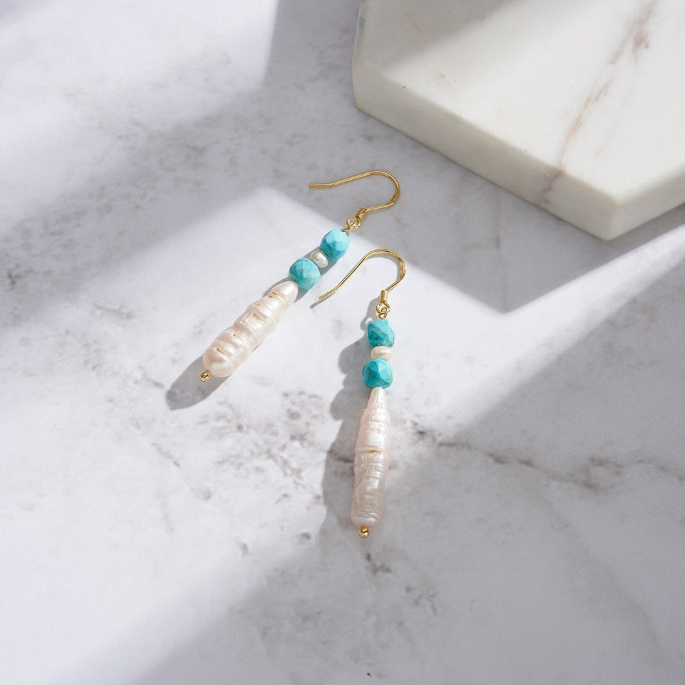 Kemstone Boho Pearl Drop Earrings for Women 925 Sterling Silver Turquoise Bead Detail MPE06