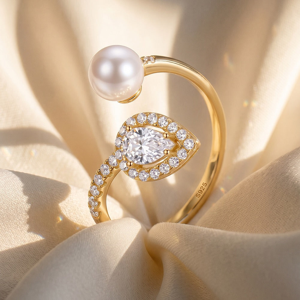 Kemstone Pearl Open Ring for Women 925 Sterling Silver Pear Cut Cubic Zirconia A4-PSR02