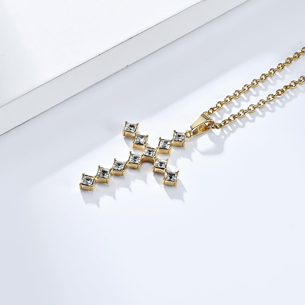 Kemstone Square Cubic Zirconia Cross Pendant Necklace for Men Stainless Steel K-PT502