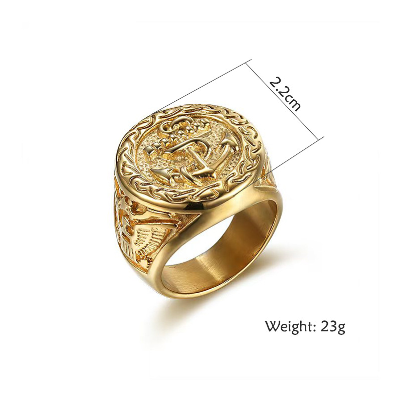 Kemstone Anchor Signet Ring for Men Stainless Steel Gold Plated Vintage Nautical TR0469
