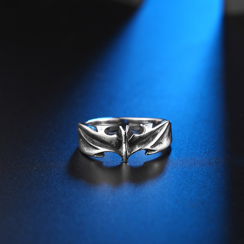 Kemstone Men’s Titanium Steel Gothic Bat Ring – Silver, Black K-R404