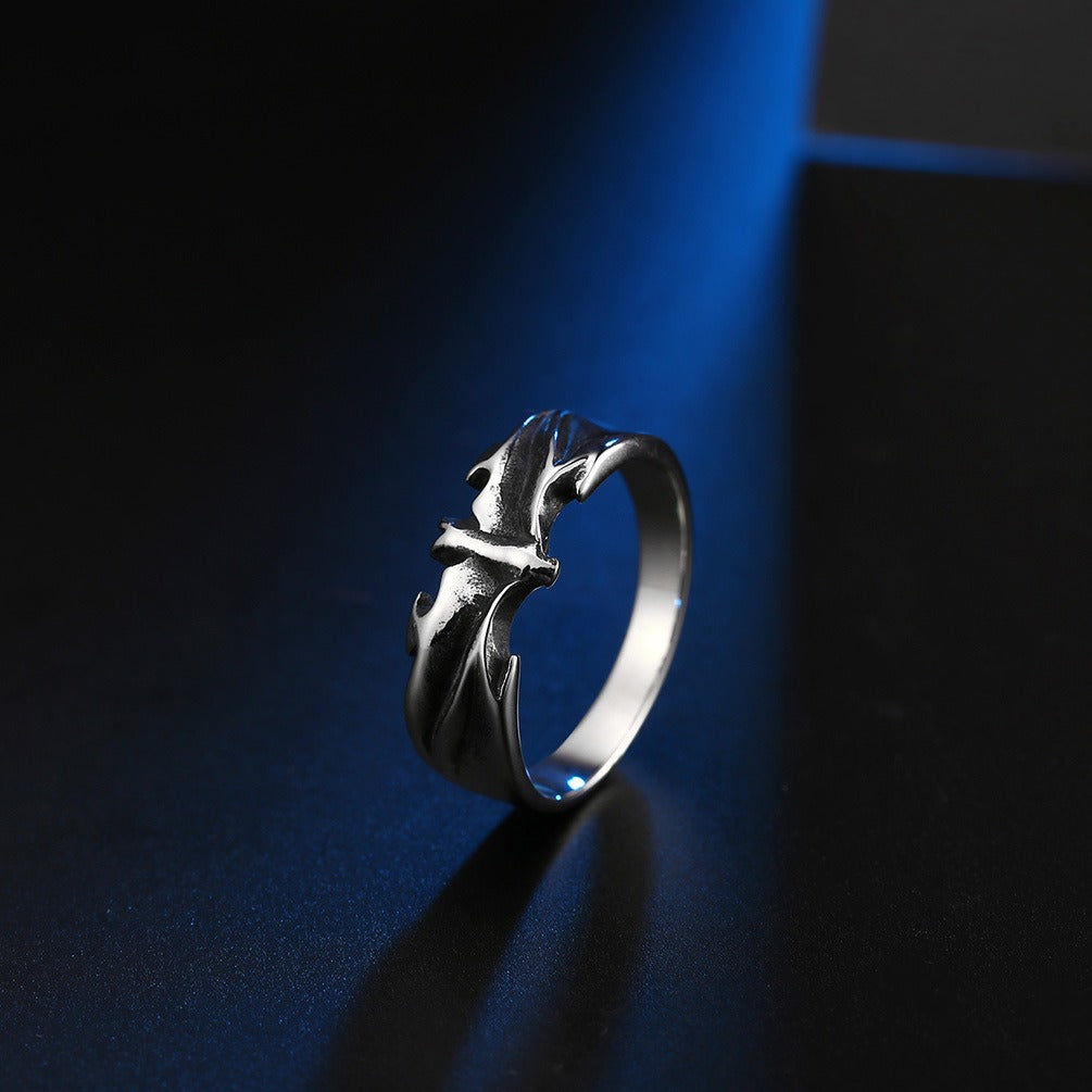 Kemstone Men’s Titanium Steel Gothic Bat Ring – Silver, Black K-R404