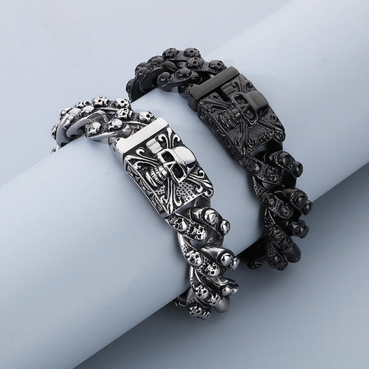 Kemstone Men’s Skull Chain Bracelet – Heavy Stainless Steel Gothic Biker Jewelry KB66291-BD