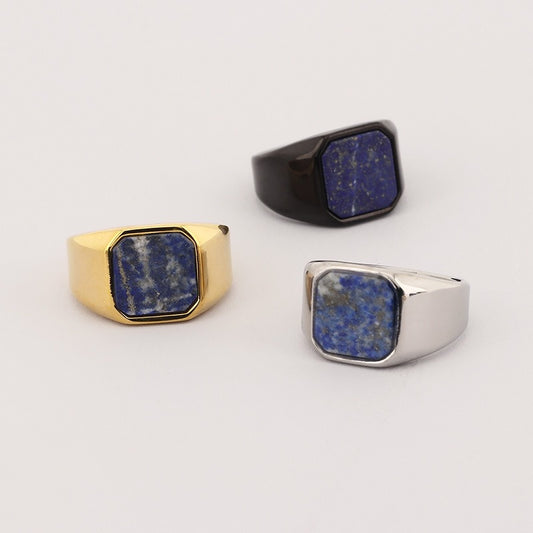 Kemstone Men’s Square Lapis Lazuli Signet Ring – Stainless Steel Blue Stone Gothic Street Style KR110123