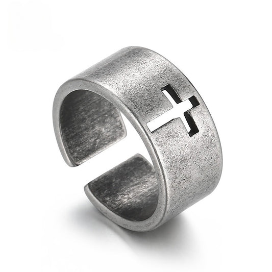 Kemstone Gothic Cross Adjustable Ring – Distressed Titanium Steel Openwork Men’s Jewelry KR104680