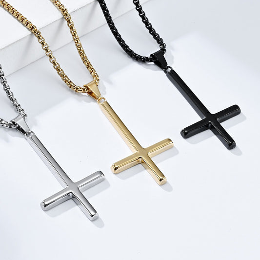 Kemstone Men’s Titanium Steel Inverted Cross Necklace – Gothic Pendant Silver/Gold/Black K-PT446