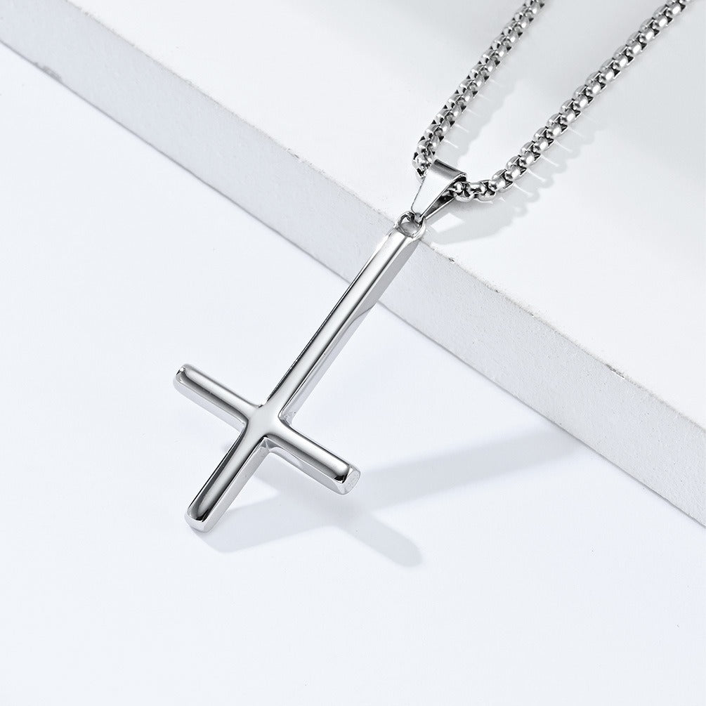 Kemstone Men’s Titanium Steel Inverted Cross Necklace – Gothic Pendant Silver/Gold/Black K-PT446