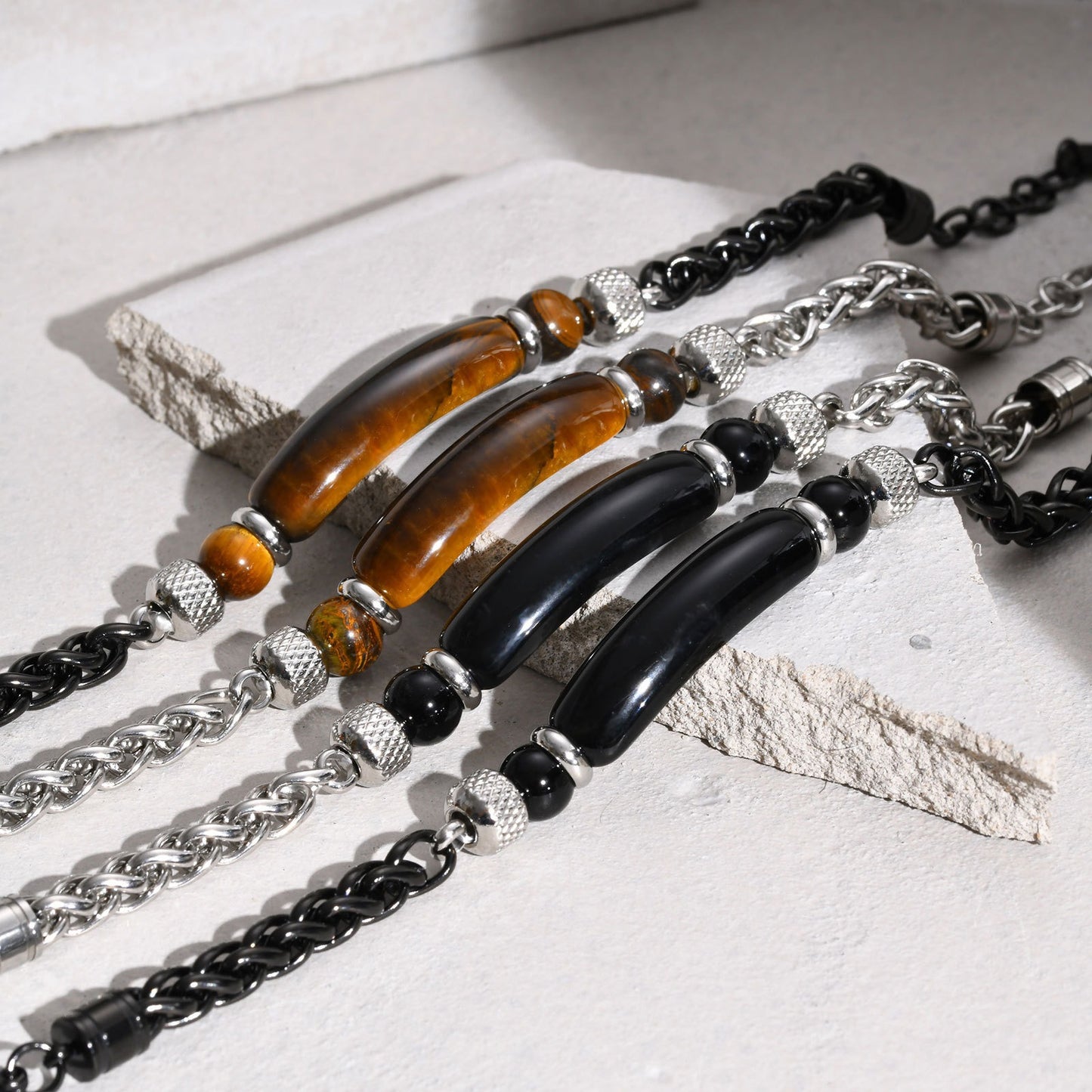 Kemstone Men’s Stainless Steel Beaded Chain Bracelet – Tiger Eye & Black Onyx, Gothic Norse Street Style BR-1716
