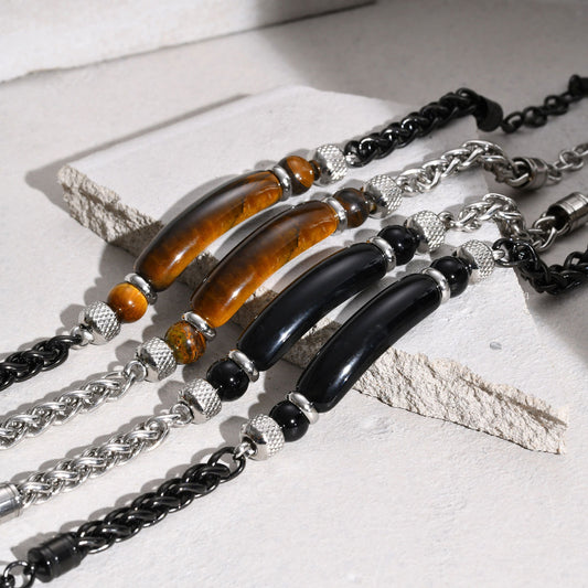 Kemstone Men’s Stainless Steel Beaded Chain Bracelet – Tiger Eye & Black Onyx, Gothic Norse Street Style BR-1716