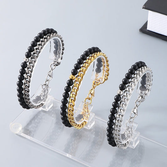 Kemstone Dual-Layer Onyx & Cuban Chain Bracelet – Stainless Steel Power Symbol KB185323-Z