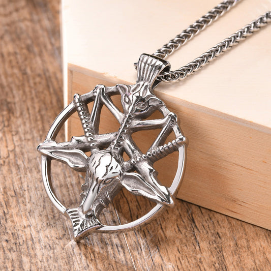 Kemstone Satanic Goat Head Pendant – Stainless Steel Gothic Pentagram Necklace PN-1266