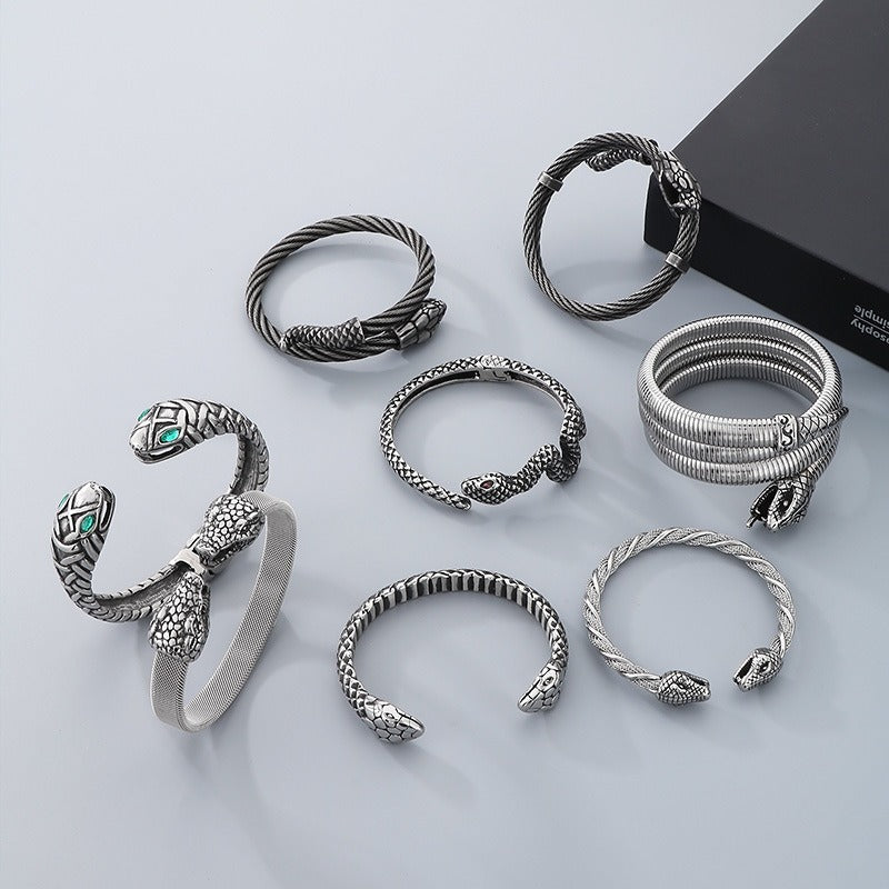Kemstone Snake Head Stainless Steel Bracelet – Gothic Punk Open Cuff for Men, Dual or Single Layer, Retro Viking Style KB156931