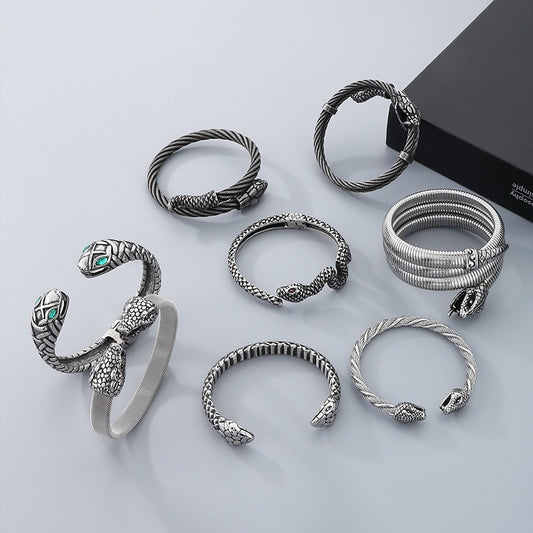 Kemstone Snake Head Stainless Steel Bracelet – Gothic Punk Open Cuff for Men, Dual or Single Layer, Retro Viking Style KB156931