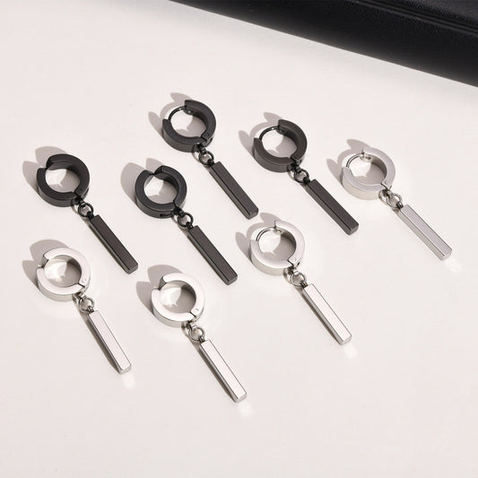 Kemstone Men's Geometric Bar Drop Earrings – Stainless Steel Hoop & Clip-On, Gothic Punk Street Style in Black & Silver ED-659