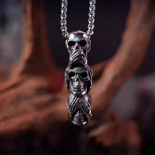 Kemstone Dark Gothic "See Speak Hear No Evil" Skull Pendant Necklace – Titanium Steel For Men & Women Rock Jewelry