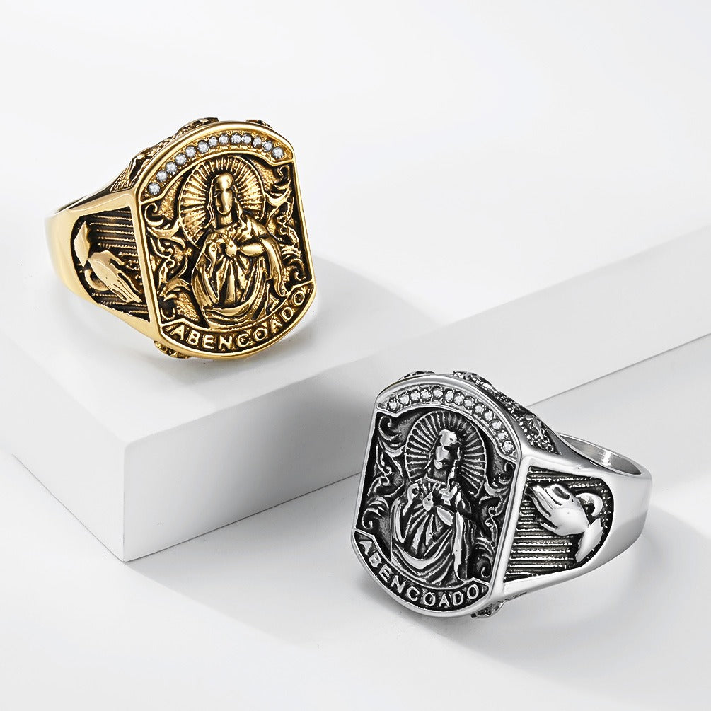 Kemston Baroque Engraved Signet Ring for Men Stainless Steel Gothic Vintage Relief Figure K-R1187