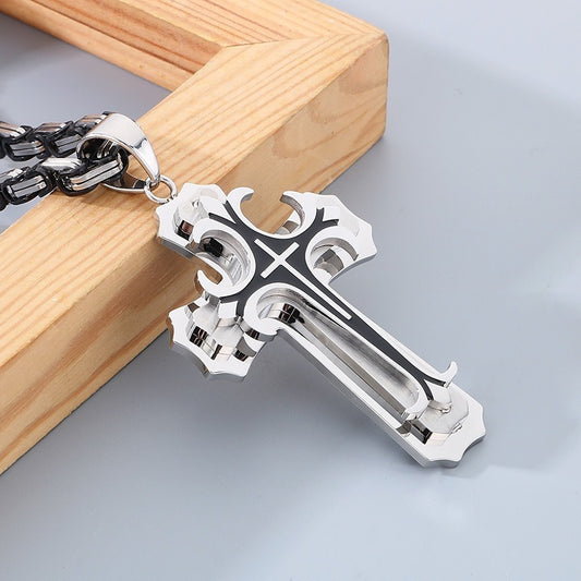 Kemstone Triple-Layer Gothic Cross Pendant Necklace – Stainless Steel Byzantine Chain KP78915