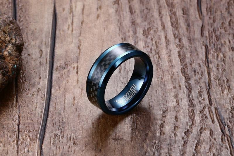 Kemstone Men’s Blue Tungsten Carbide Ring – 8mm Carbon Fiber Inlay, IP Blue Plating, Gothic Viking Band TCR-068